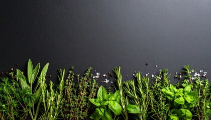 Various aromatic herbs like basil, rosemary, thyme, and sage are elegantly arranged along the bottom edge of a dark textured surface creating a natural backdrop.