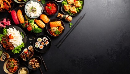 An overhead shot showcases a variety of Asian dishes including sushi, rice, and other traditional meals artfully arranged against a dark, textured backdrop.