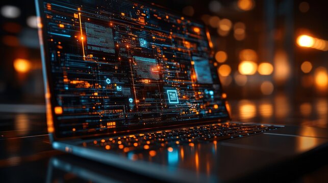 Laptop displaying digital interface at night - Powered by Adobe