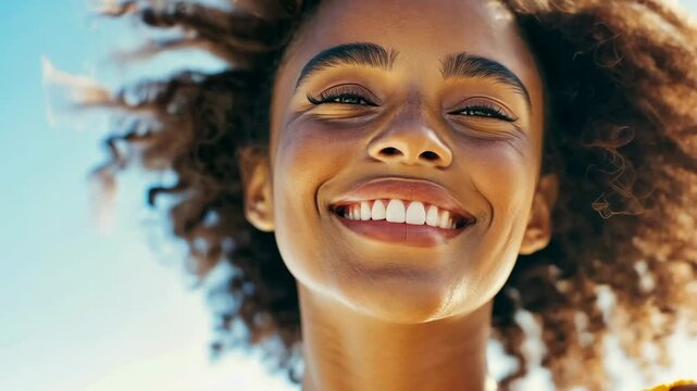 Joyful woman smiling brightly in sunlit outdoor scene with windblown hair