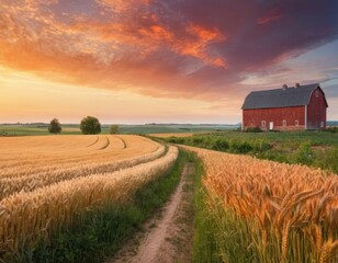 Fototapeta premium A red barn stands serene amidst golden wheat fields at sunset.
