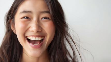 portrait of a beautiful Asian woman with a face full of excitement and joy, neutral gray background