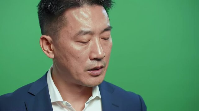 High-Quality Green Screen Video Asian Man in Business Attire, Serious Expression
