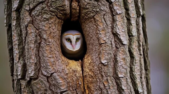  A pygmy owl looking out of the nest hole in a tree
