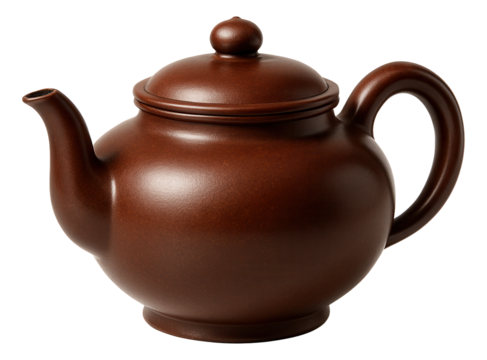 Brown ceramic teapot with a round body, curved spout, and round handle.