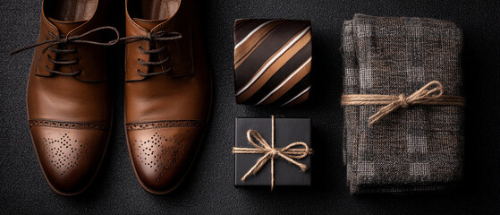 A stylish arrangement featuring leather shoes a tie a gift box and a neatly wrapped cloth bundle on dark surface