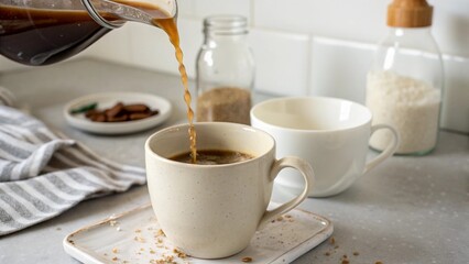Slow Motion Coffee Pour into Ceramic Mug