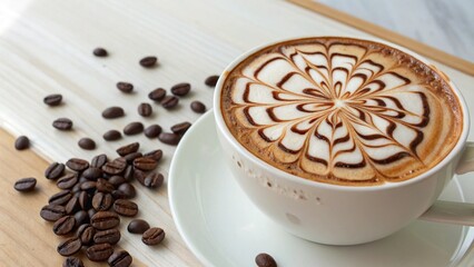 
Elegant Latte Art with Scattered Coffee Beans