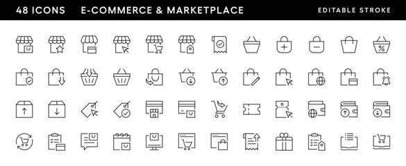 E-commerce and marketplace outline icon collection. Purchase, retail, discount, cart, box delivery, shopping bag, store and more. Editable stroke. Pixel Perfect. Grid base 32 x 32.