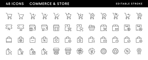 Commerce and store icon collection. Purchase, retail, discount, cart, store, shopping bag, marketplace and more. Editable stroke. Pixel Perfect. Grid base 32 x 32.