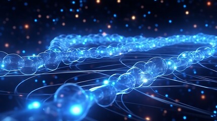 Obraz premium Abstract 3D visualization of glowing blue dots connected by silver dynamic lines, flowing like neural data through a dark futuristic digital tunnel, highly detailed depth of field