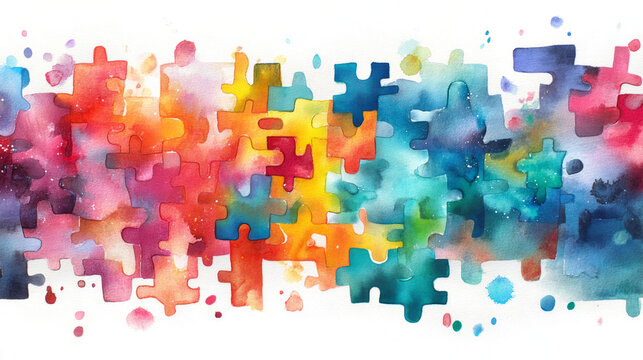 Colorful watercolor illustration of colorful puzzle pieces,banner design