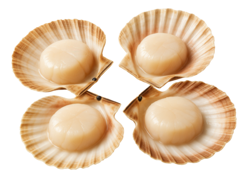 Four fresh scallops displayed in their open, ribbed shells in a symmetrical arrangement.