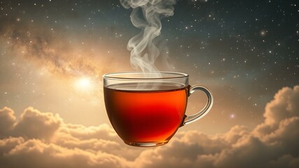Celestial Tea: A steaming cup of tea, floating amidst the dreamlike clouds, the image blends the warmth of the beverage with the infinite wonder of the cosmos.