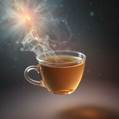Celestial Brew: A steaming cup of aromatic tea levitates against a mesmerizing backdrop of cosmic nebulae, blending earthly comfort with celestial wonder.
