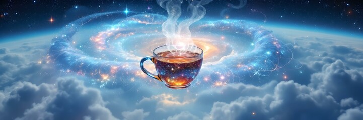 Cosmic Tea Ritual: A surreal scene features a steaming cup of tea levitating amidst swirling galaxies and ethereal clouds, inviting contemplation and serenity.