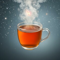 Celestial Brew: A glass mug filled with steaming tea, seemingly floating amid a starry, cosmic background. The scene evokes a sense of warmth, serenity, and wonder.