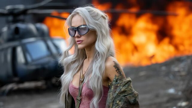 Woman with long blonde hair in pink t-shirt and military jacket with glasses standing against burning landscape with helicopter