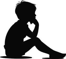 Silhouette of a Child in Deep Thought, Transparent Background.