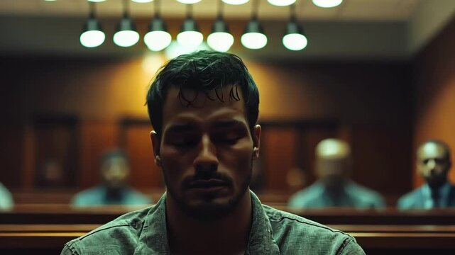Man with eyes closed, sitting in a courtroom, pensive expression.