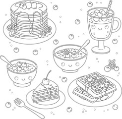 A cheerful and adorable illustration of kawaii-style breakfast foods. This delightful spread includes smiling pancakes, waffles, oatmeal, hot chocolate, and cake, all surrounded by fresh berries.