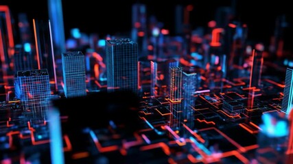 Futuristic neon cityscape with grid lines on a dark background - Powered by Adobe
