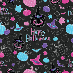 Happy Halloween and Autumn Vector Creative Seamless Pattern. Creepy Pumpkin, witch hat, pumpkins, bats, autumn leaves in magenta, blue and purple neon colors. Printable and Repeatable texture.