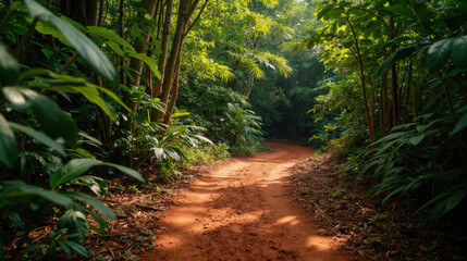 Serene forest path surrounded by lush greenery and vibrant foliage, inviting exploration and tranquility. warm, earthy tones of dirt road enhance
