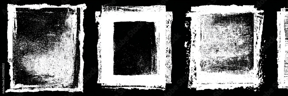 Poster a series of distressed square frames in black and white creating a grungy abstract composition style
