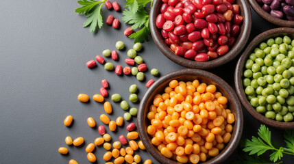 Fototapeta premium Colorful beans and legumes in bowls, showcasing variety of shapes and sizes, create vibrant and healthy display