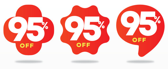 95% off, offer, promo, price, marketing, product, sticker, value, advertising, retail. Sales, special, red, balloon, shop, store, label, tag. Vector, set, icon
