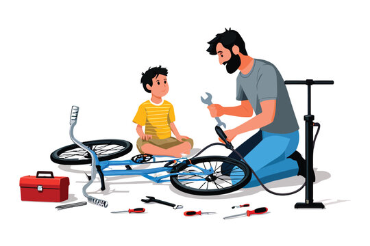 Father and son fixing bicycle together tools surrounding modern flat design isolated on white background - Powered by Adobe