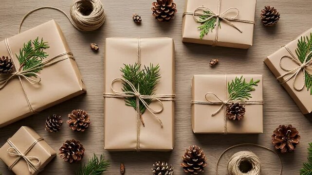 Craft Paper Holiday Gifts Arranged on Wood Background With Pinecones and Evergreen Sprigs Flat Lay Top View