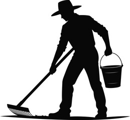 Silhouette of a Farmer Using a Rake and Holding a Bucket, Transparent Background.