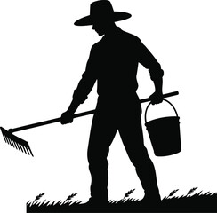 Silhouette of a Farmer Working with a Rake and Bucket, Transparent Background.