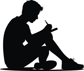 Silhouette of a Person Writing or Sketching While Sitting, Transparent Background.