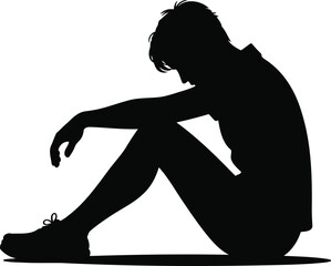 Silhouette of a Person Sitting with Head Bowed, Transparent Background.