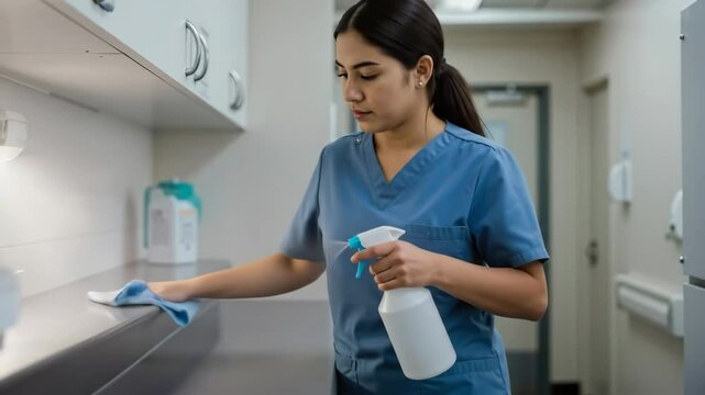 Woman cleaning a surface with a spray bottle and cloth in a healthcare facility. Disinfection and hygiene concept. Hospital environment footage.