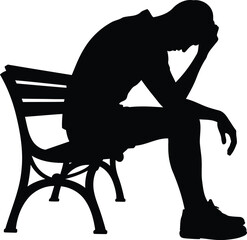 Silhouette of a Person Sitting on a Bench with Head in Hands, Transparent Background.