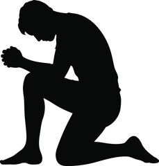 Silhouette of a Person Kneeling in Prayer, Transparent Background.