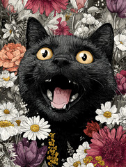 A black cat with wide eyes and open mouth surrounded by a variety of colorful flowers and foliage