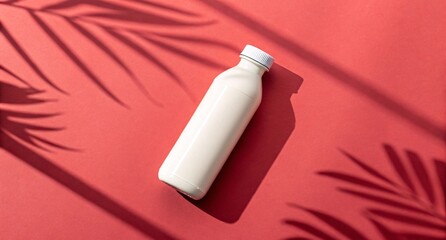 Minimalist White Bottle Mockup on Coral Background Palm Shadows, Summer Branding Scene for Beverage, Skincare, or Product Presentation
