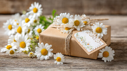 A gift wrapped in brown paper with daisies and a tag on a wooden surface, close up view of the setup