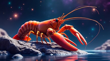 Surreal lobster on rock in cosmic scene