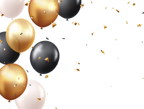 Beautiful black and gold balloons with confetti for invitation cards, celebration banner
