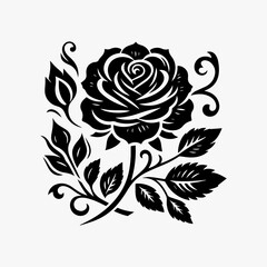 Exquisite blooming rose silhouette logo with intricate petals and elegant swirling leaves in detailed monochrome vector