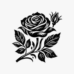 Exquisite blooming rose silhouette logo with intricate petals and elegant swirling leaves in detailed monochrome vector