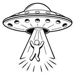 Abduction Silhouette UFO Beam, Raised Arms Figure, Starry Sky, Pine Trees Black Icon