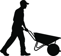 Silhouette of a Worker Pushing a Wheelbarrow, Transparent Background.