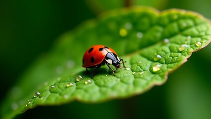 A bright red ladybug with black spots crawls on a fresh green leaf adorned with glistening water droplets.